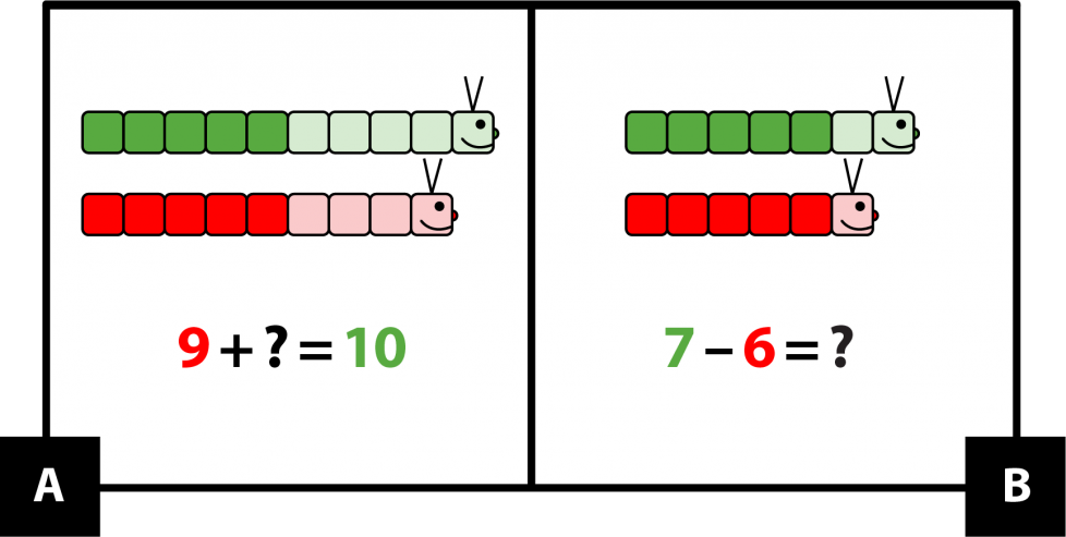 A. shows a green caterpillar with 10 sections and a red caterpillar with 9 sections. Red 9 plus 'question mark' equals green 10. B. shows a green caterpillar with 7 sections and a red caterpillar with 6 sections. Green 7 minus red 6 equals 'question mark.' 
