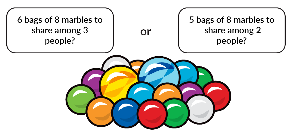 6 bags of 8 marbles to share among 3 people or 5 bags of 8 marbles to share among 2 people?