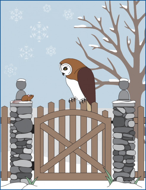 A winter scene shows an owl sitting on the gate of a fence, talking to a little mouse. The owl is holding on to the gate with its 2 feet. Each foot has 3 claws or talons. The gate is attached to 2 stone columns. Each columns is made with a lot of stones. The gate has 7 wooden boards, plus 2 more that make an X in the middle. One curved board and 3 straight ones make the frame for the gate. Big snowflakes are falling, 1, 2, 3, 4, 5, 6, 7 of them. The tree has no more leaves, but it has a lot of branches to count.