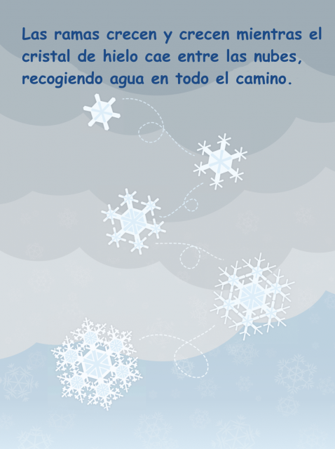 Dibujo de cinco copos de nieve que caen del cielo. El texto dice: Las ramas crecen y crecen mientras el cristal de hielo cae entre las nubes, recogiendo vapor de agua en todo el camino.