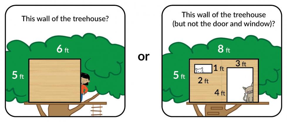 This wall of the treehouse? It's 5 feet tall and 6 feet wide with no doors and no windows. Or this wall of the treehouse. It's 5 feet tall and 8 feet wide, with a 2 by 1 window and a 4 by 3 door? 