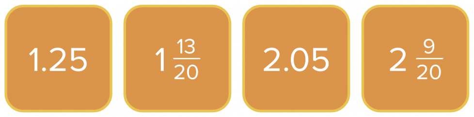 4 números. Primero, 1.25. Después, 1 y 13 veinteavos. Luego, 2.05. Por último, 2 y 9 veinteavos.