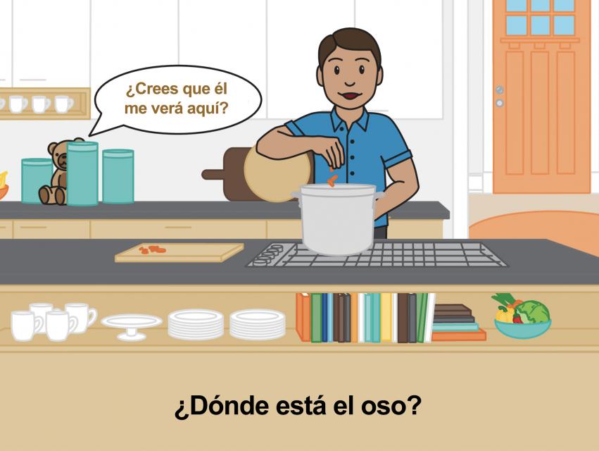 En una cocina está Michael cocinando con una olla grande. Un oso de peluche se esconde detrás de unos botes en la encimera detrás de Michael. '¿Crees que me verá aquí?' pregunta el oso.