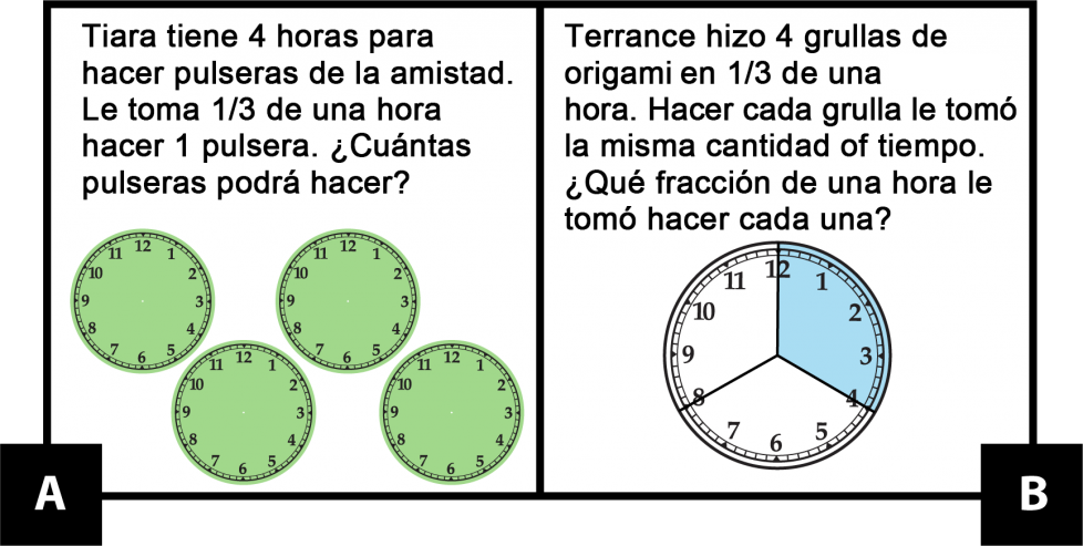 A: Tiara tiene 4 horas para hacer pulseras de la amistad. Le toma 1 tercio de una hora hacer 1 pulsera. ¿Cuántas pulseras podrá hacer? B: Terrance hizo 4 grullas de origami en 1 tercio de una hora. Hacer cada grulla le tomó la misma cantidad of tiempo. ¿Qué fracción de una hora le tomó hacer cada una?  