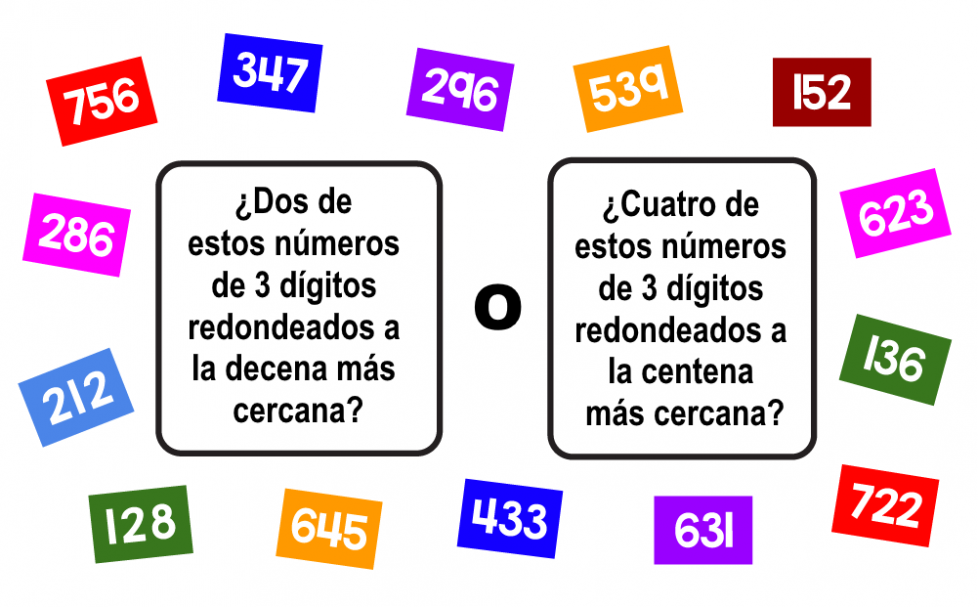 Dos de los números de 3 dígitos disponibles redondeados a la decena más cercana? O, 4 de estos números de 3 dígitos disponibles redondeados a la centena más cercana? Los números disponibles son 756, 347, 296, 539, 152, 623, 136, 722, 631, 433, 645, 128, 212 y 286.