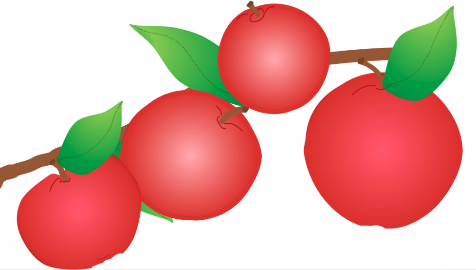 A branch with apples. First, a red apple with a green leaf. Next, a red apple with a green leaf behind it. Then, a red apple with a green leaf. Last, a red apple with a green leaf.