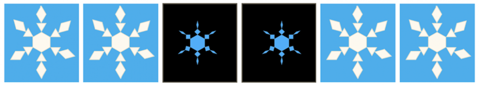 1.°, un copo de nieve blanco y grande en un cuadrado azul. El siguiente es igual. Luego, un copo de nieve azul y pequeño en un cuadrado negro. El siguiente es igual. Luego, un copo de nieve blanco y grande en un cuadrado azul. El siguiente es igual.