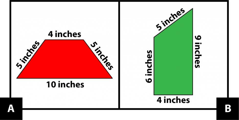 A: A trapezoid with a top of 8 inches, sides of 6 inches, and bottom of 10 inches. B: A quadrilateral with a top of 8 and 1-half inches, a left side of 5 inches, a right side of 8 and 1-half inches and a bottom of 8 inches. The bottom and 2 sides form right angles, so the sides are parallel.
