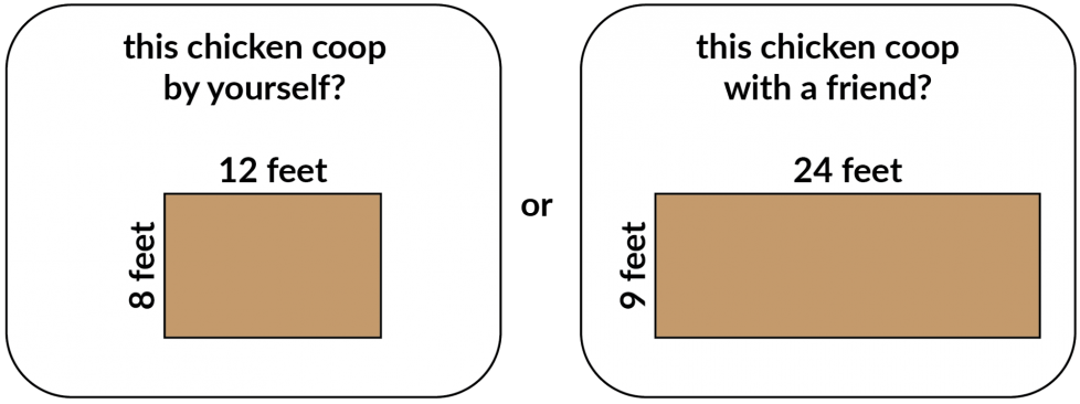 this chicken coop by yourself? It's 8 feet by 12 feet. Or this chicken coop with a friend? It's 9 feet by 24 feet.