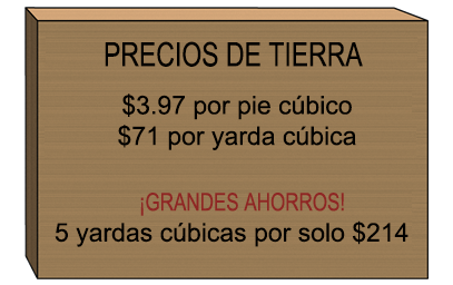 Precios de tierra: $3.97 por pie cúbico o $71 por yarda cúbica. ¡Grandes ahorros! 5 yardas cúbicas por solo $214.