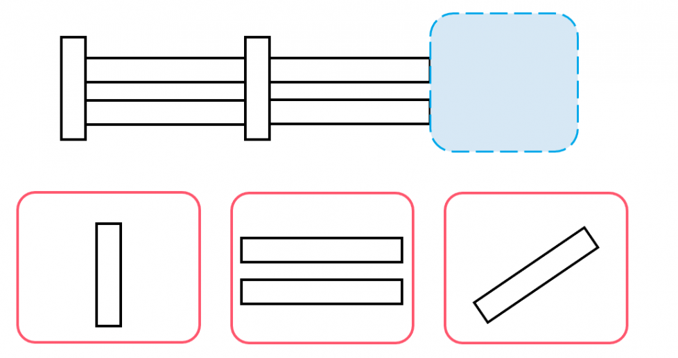 A fence pattern. 1st, a part going up. Next, two parts going side to side. Then, a part going up. Next, two parts going sideways. Last, a blue box for what comes next. There are 3 choices. First, a part going up. Next, two parts going side to side. Then, a diagonal part.