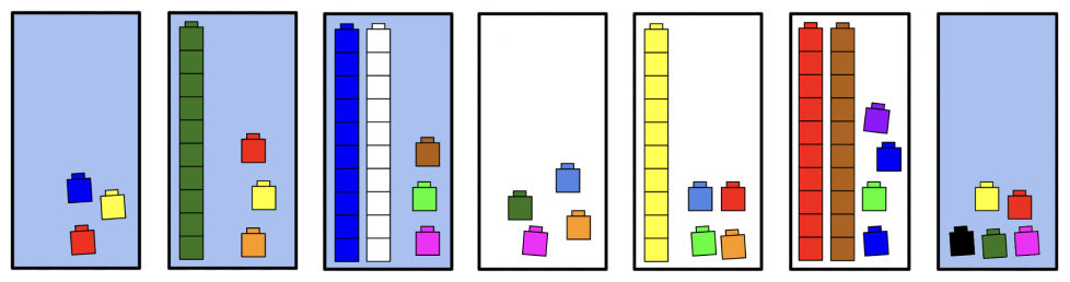 First, a blue box with 3 loose cubes. Next, a blue box with 1 train of 10 cubes and 3 loose cubes. Then a blue box with 2 trains of 10 cubes and 3 loose cubes. Next, a white box with 4 loose cubes. Then a white box with 1 train of 10 cubes and 4 loose cubes. Next, a white box with 2 trains of 10 cubes and 4 loose cubes. Last, a blue box with 5 loose cubes.