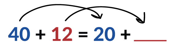 In the equation blue 40 + red 112 = blue 20 + red blank, the 40 changed to 20. How would the 12 change when the equation is true?