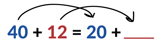 En la ecuación 40 azul + 112 rojo = 20 azul + espacio en blanco rojo, el 40 cambió a 20. ¿Cómo cambiaría el 12 para que la ecuación fuera verdadera?