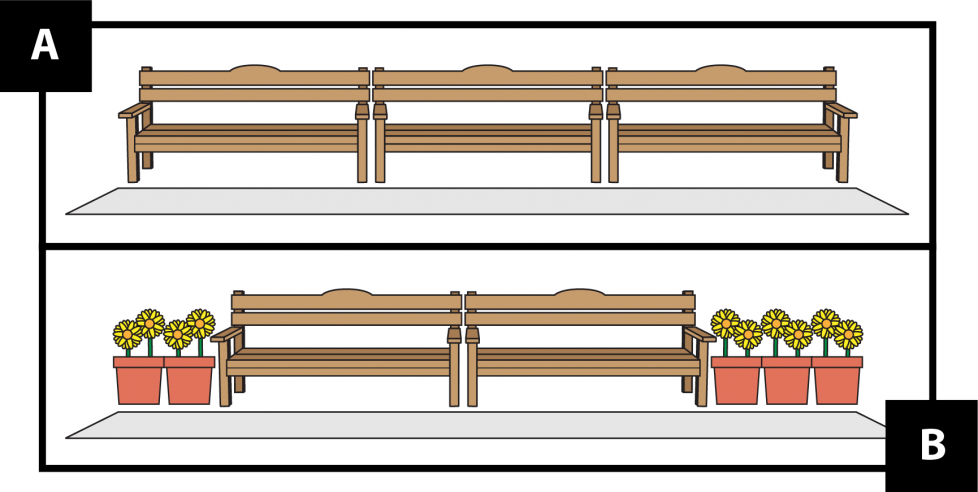 A: three benches lined up next to each other. B: two flowerpots, 2 benches, and 3 more flowerpots all lined up next to each other. 