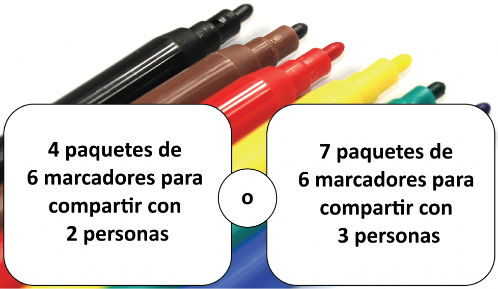 4 paquetes de 6 marcadores para compartir con 2 personas? O, 7 paquetes de 6 marcadores para compartir con 3 personas?