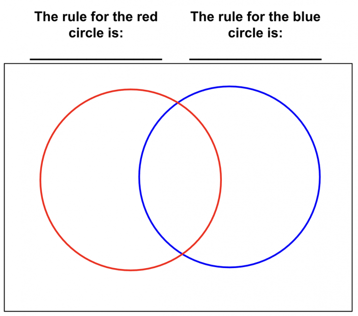 An empty Venn diagram. The rule for the red circle is blank. The rule for the blue circle is blank.