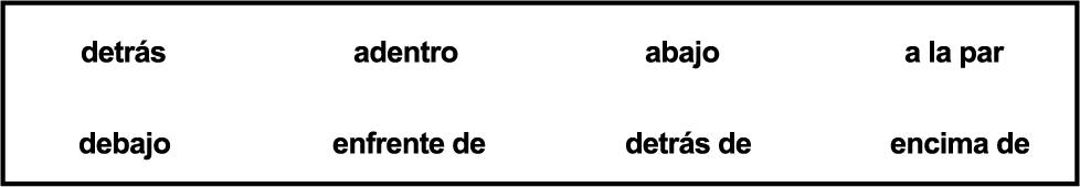 detrás. adentro. abajo. al lado. debajo. frente a. detrás de. encima de.