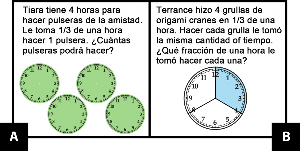 A: Tiara tiene 4 horas para hacer pulseras de la amistad. Le toma 1 tercio de una hora hacer 1 pulsera. ¿Cuántas pulseras podrá hacer? B: Terrance hizo 4 grullas de origami en 1 tercio de una hora. Hacer cada grulla le tomó la misma cantidad of tiempo. ¿Qué fracción de una hora le tomó hacer cada una?