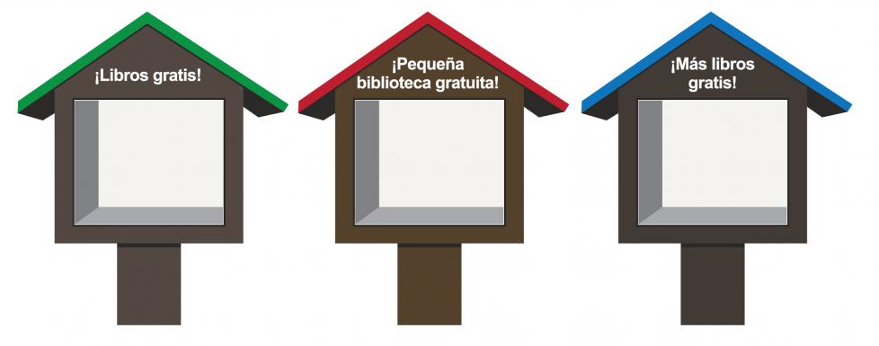 3 stands de pequeñas bibliotecas, listas para recibir libros.