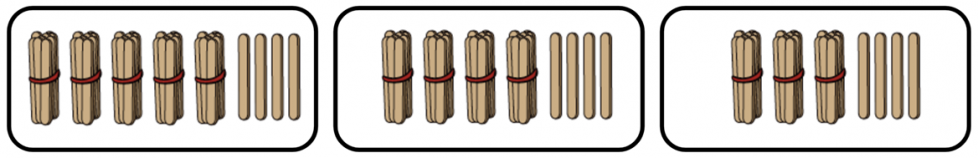 Primero, 5 paquetes de palitos más 4 palitos. Luego, 4 paquetes de palitos más 4 palitos. Por último, 3 paquetes de palitos más 4 palitos.