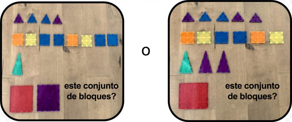 ¿Este conjunto de bloques? Tiene 4 triángulos pequeños (2 morados, 2 azules). 8 cuadrados pequeños (2 anaranjados, 2 amarillos, 4 azules). 1 triángulo verde grande. Y 2 cuadrados grandes (1 rojo, 1 morado). ¿O este conjunto de bloques? Tiene 5 triángulos pequeños (3 morados, 2 azules). 6 cuadrados pequeños (2 anaranjados, 2 amarillos, 2 azules). 3 triángulos grandes (1 verde, 2 morados). Y 1 cuadrado rojo grande.