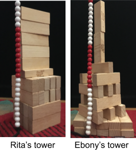Rita's tower measures 10 white beads + 10 red beads + 4 more white beads. Ebony's tower measures 10 white beads + 10 red beads + 10 more white beads.