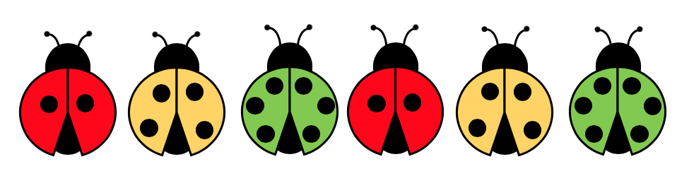 6 ladybugs. First a red one with 2 spots. Next a yellow one with 4 spots. Then a green one with 6 spots. Next a red one with 2 spots. Then a yellow one with 4 spots. Last a green one with 6 spots.