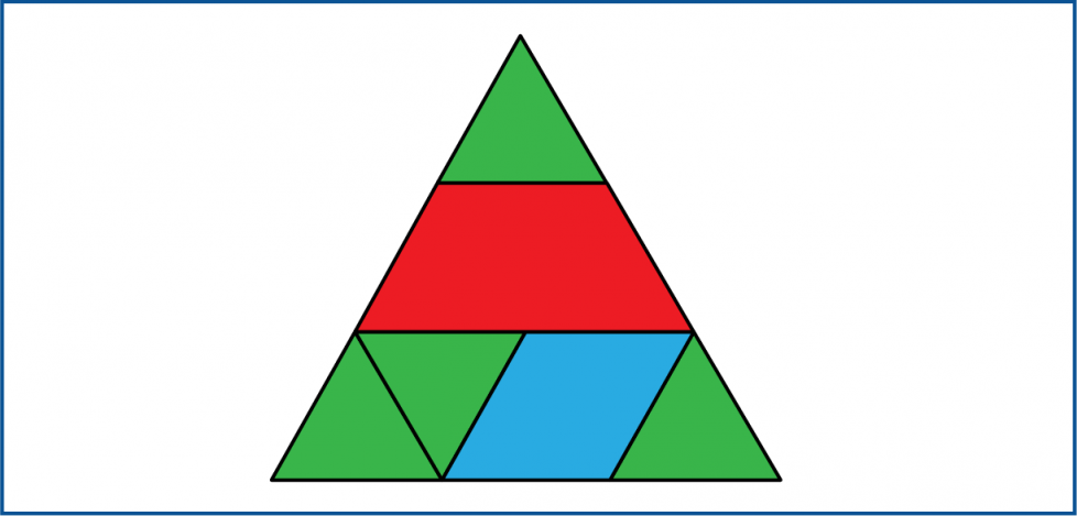 A large triangle made with smaller shapes. The top row is 1 small triangle. The middle row is 1 trapezoid. The bottom row has 2 small triangles, a rhombus, and then 1 more small triangle.