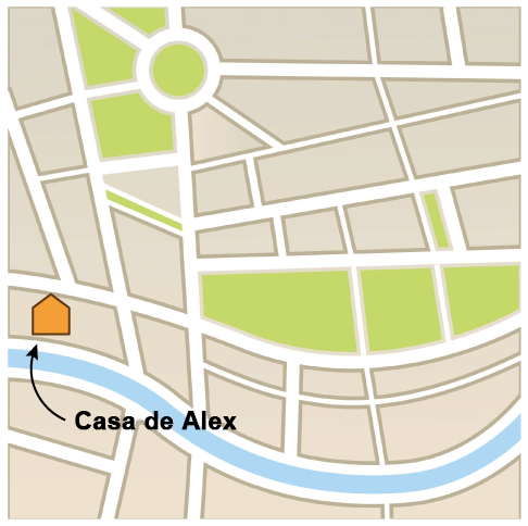 Un mapa con la casa de Alex marcada. 