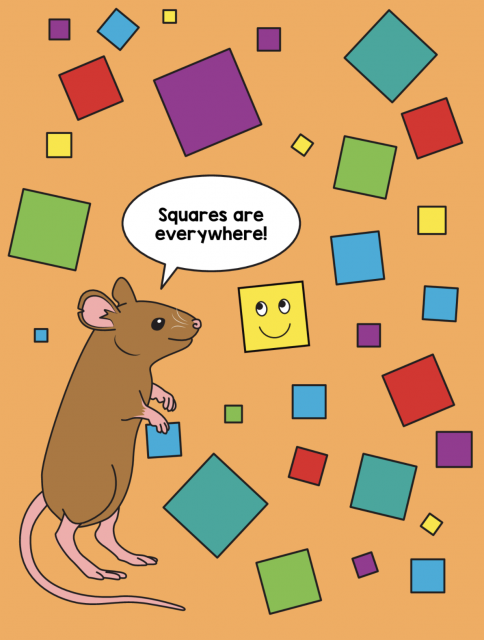 Little Mouse sees squares everywhere in this picture. Let's help Little Mouse count by color. 6 purple squares. 6 yellow squares. 1 yellow square has a smiley face. 4 green squares. 7 blue squares. 4 red squares. And 3 teal squares.