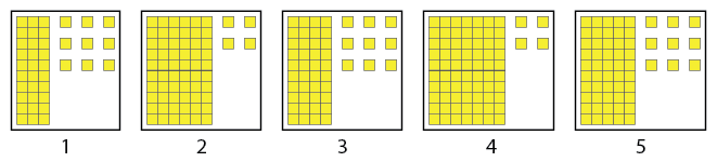 Picture 1: 3 10-strips and 9 ones. Picture 2: 6 10-strips and 4 ones. Picture 3: 4 10-strips and 9 ones. Picture 4: 7 10-strips and 4 ones. Picture 5: 5 10-strips and 9 ones.