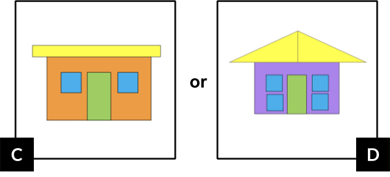 C. is an orange rectangle house. It has a green rectangle for a door. Two blue squares make windows, one on each side of the door. The roof is a wide, flat, yellow rectangle. D. is a purple rectangle house. It has a green rectangle for the door. On each side of the door, two blue squares make windows, one above the other. The roof is two yellow triangles that make one big triangle.