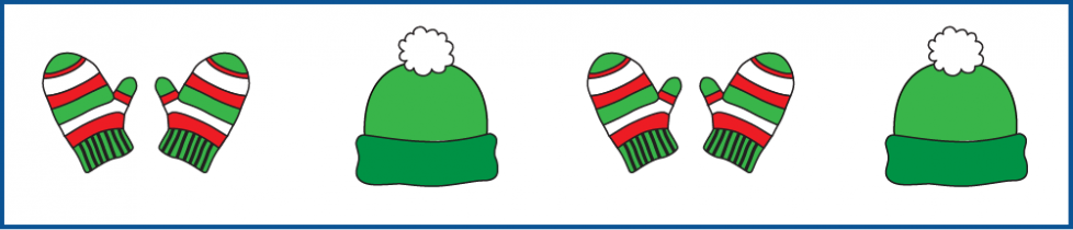 Primero, un par de guantes con franjas. Después, una gorra de invierno verde. y un par de guantes con franjas. Por último, una gorra de invierno verde.
