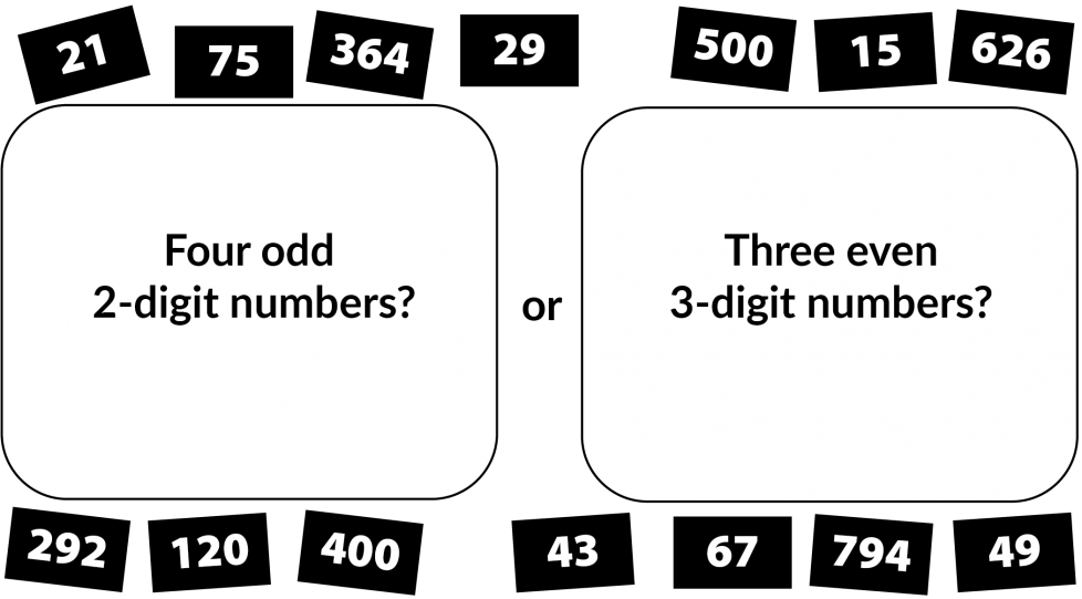 four odd 2-digit number? Or three even 3-digit numbers?