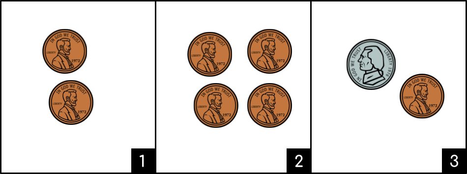 3 conjuntos de monedas. El primero tiene 2 monedas de 1 centavo. El segundo tiene 4 monedas de 1 centavo. El tercero tiene 1 moneda de 5 centavos y 1 moneda de 1 centavo.