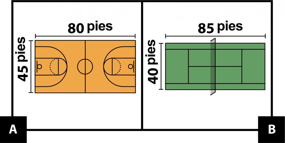 A: una cancha de básquetbol con dimensiones de 45 pies por 80 pies. B: una cancha de tennis con dimensiones de 40 pies por 85 pies. 