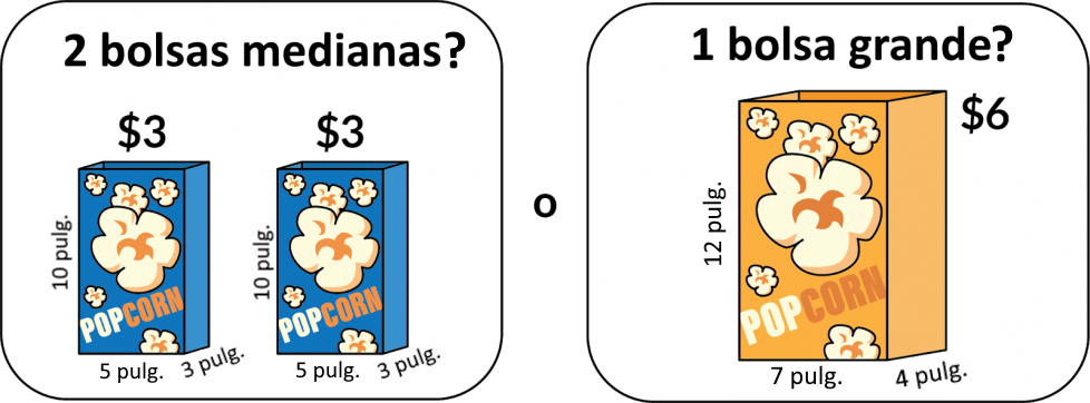 2 bolsas medianas de palomitas de maíz por $3 cada una? O 1 bolsa grande de palomitas de maíz por $6? Las bolsas medianas de palomitas de maíz miden 5 pulgadas de largo por 3 pulgadas de ancho por 10 pulgadas de alto. La bolsa grande de palomitas de maíz mide 7 pulgadas de largo por 4 pulgadas de ancho por 12 pulgadas de alto.